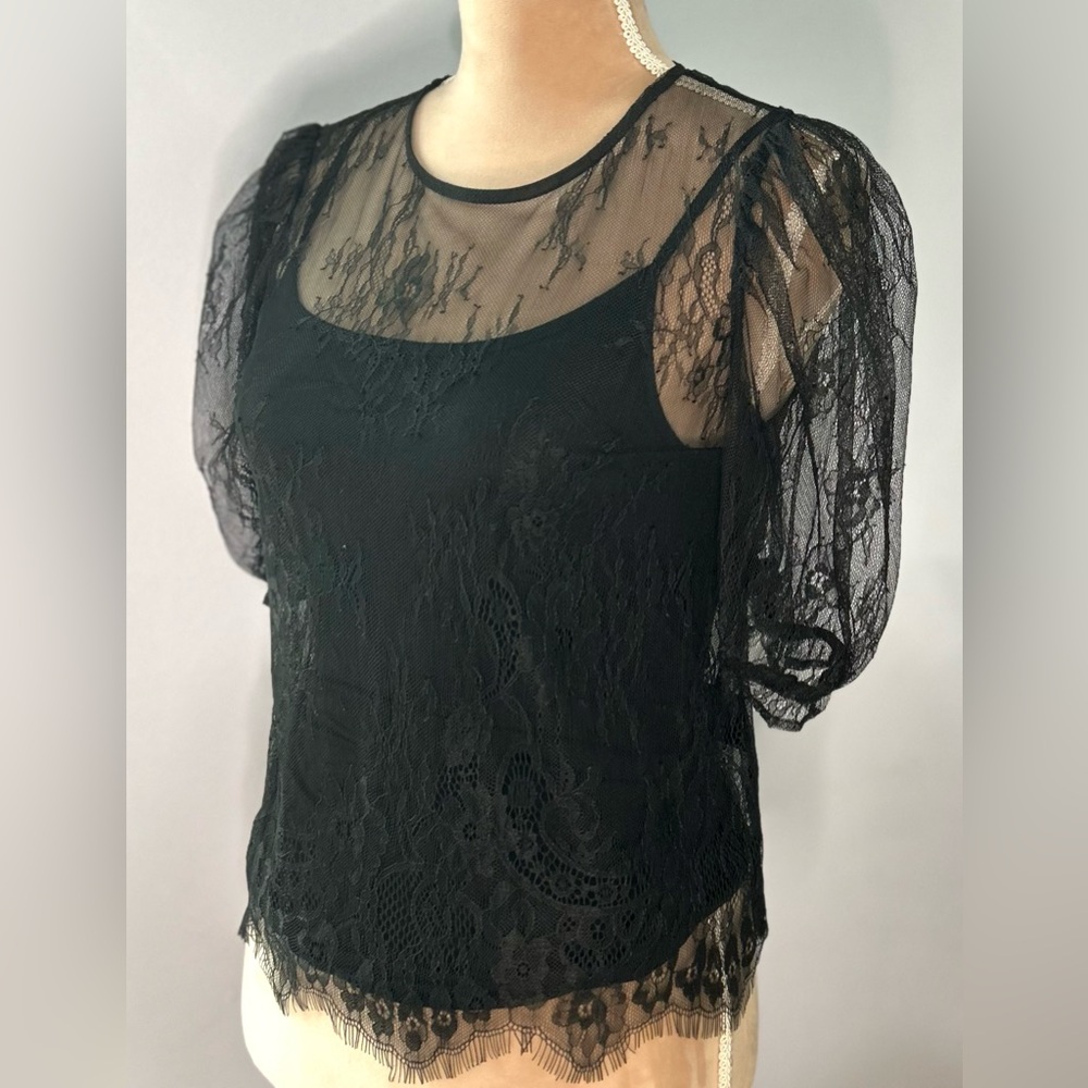 Women’s Black Lace Puff Sleeve Blouse, Size XS